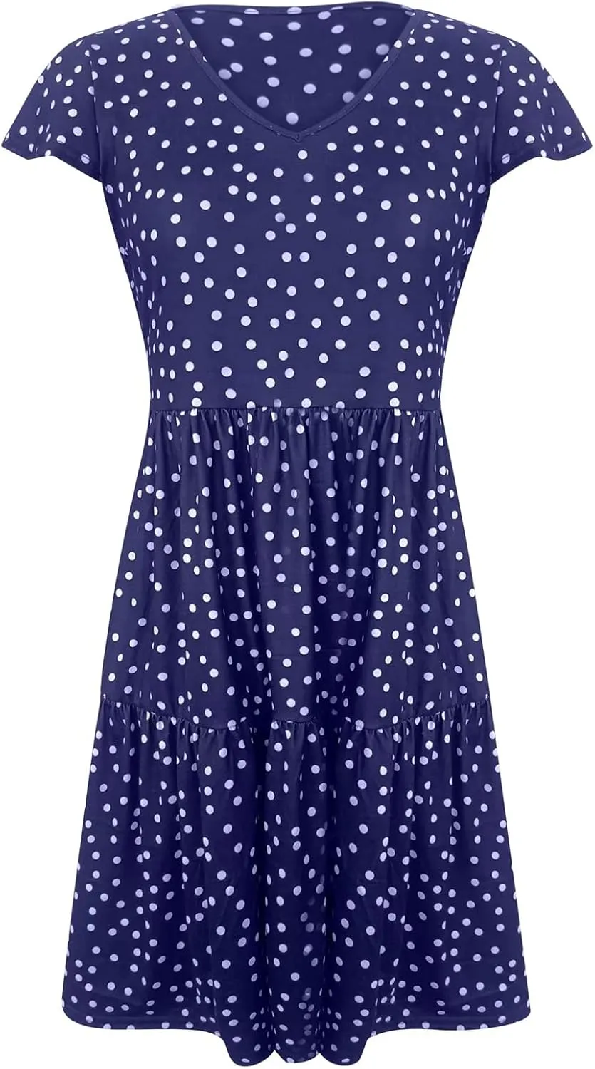 Womens Polka dot Dress Summer Casual Boho Floral V Neck Mini Dress Ruffle Short Sleeve Flowy Swing Dresses
