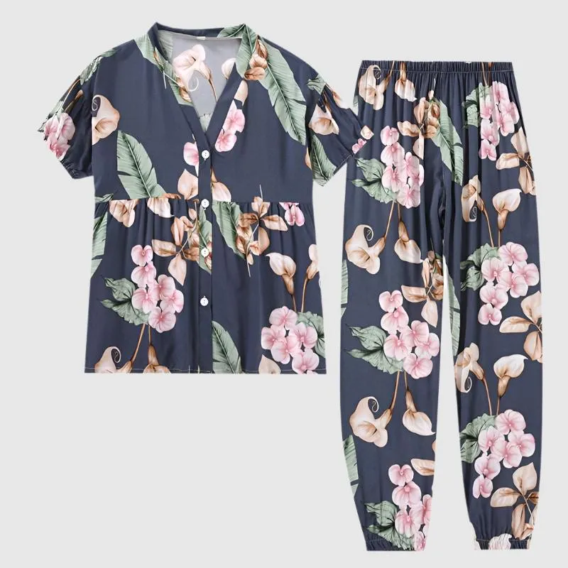 Women's Short Sleeved V-neck Shirt and Pants Thin Pajamas Set