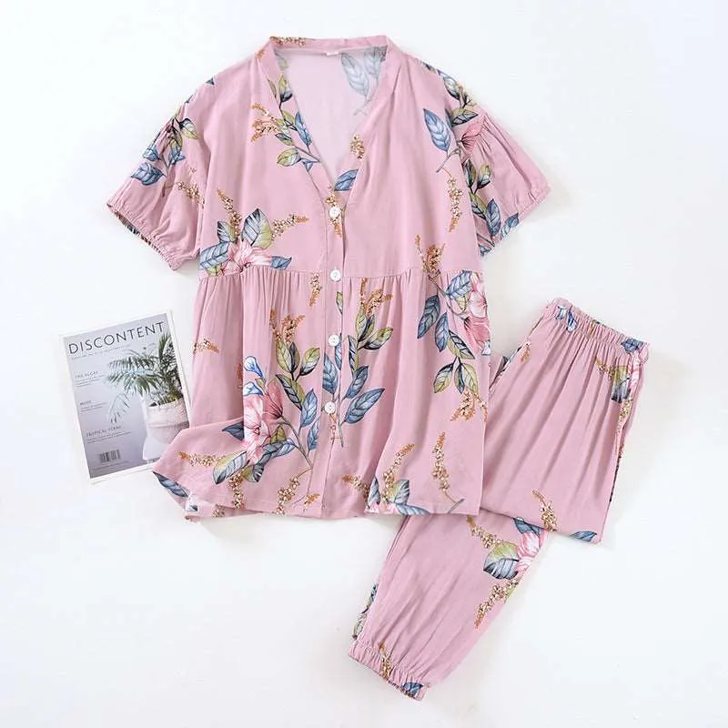 Women's Short Sleeved V-neck Shirt and Pants Thin Pajamas Set