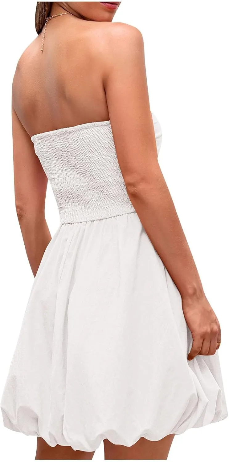 Women's Strapless Tube Top Beach Mini Dress Summer Sleeveless Smocked A Line Dresses Ruffle Beach Vacation Sundress