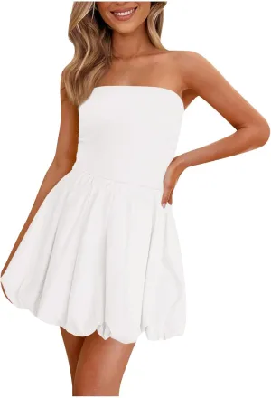 Women's Strapless Tube Top Beach Mini Dress Summer Sleeveless Smocked A Line Dresses Ruffle Beach Vacation Sundress