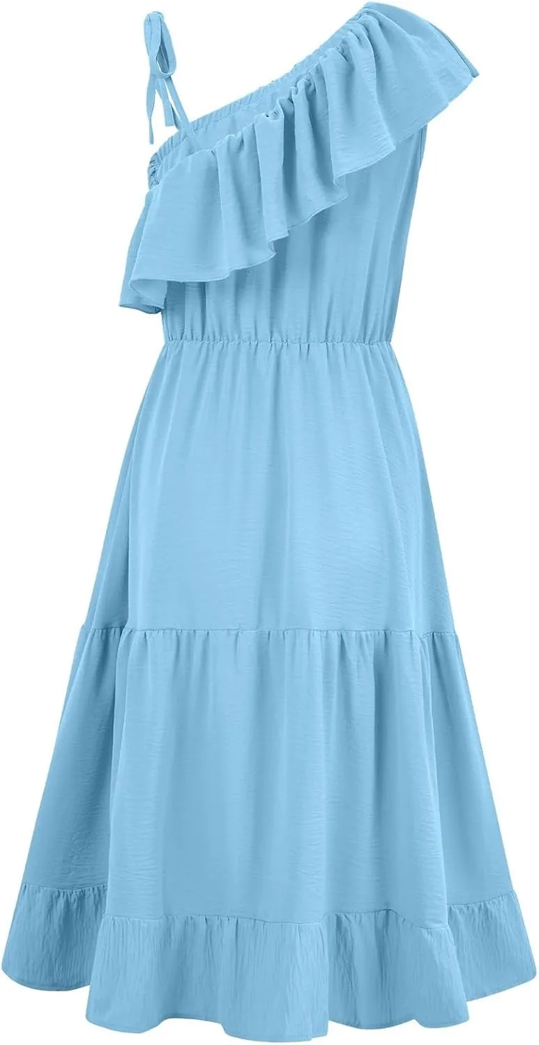 Women's Summer Dress One Shoulder Ruffle Sleeveless Empire Waist Wedding Guest Dresses Ruched A Line Flowy Sundresses