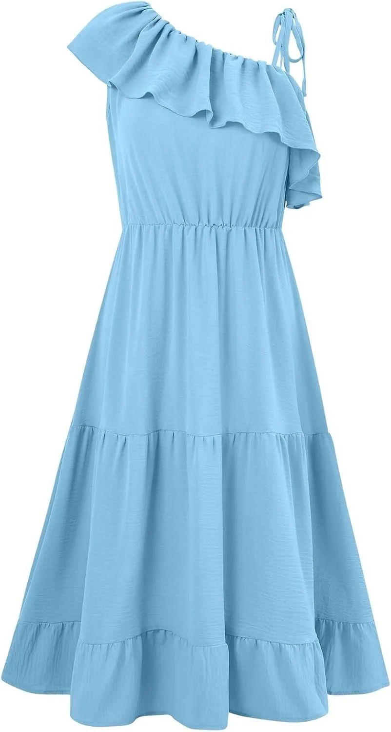 Women's Summer Dress One Shoulder Ruffle Sleeveless Empire Waist Wedding Guest Dresses Ruched A Line Flowy Sundresses