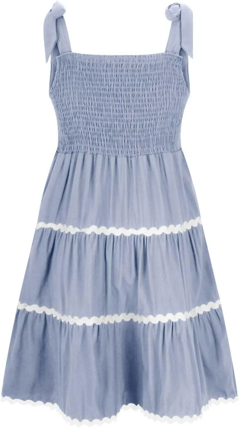 Womens Summer Mini Dress Boho Spaghetti Straps Color Block Swing Dress Casual Square Neck Backless Smocked Sundress