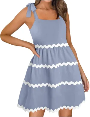 Womens Summer Mini Dress Boho Spaghetti Straps Color Block Swing Dress Casual Square Neck Backless Smocked Sundress