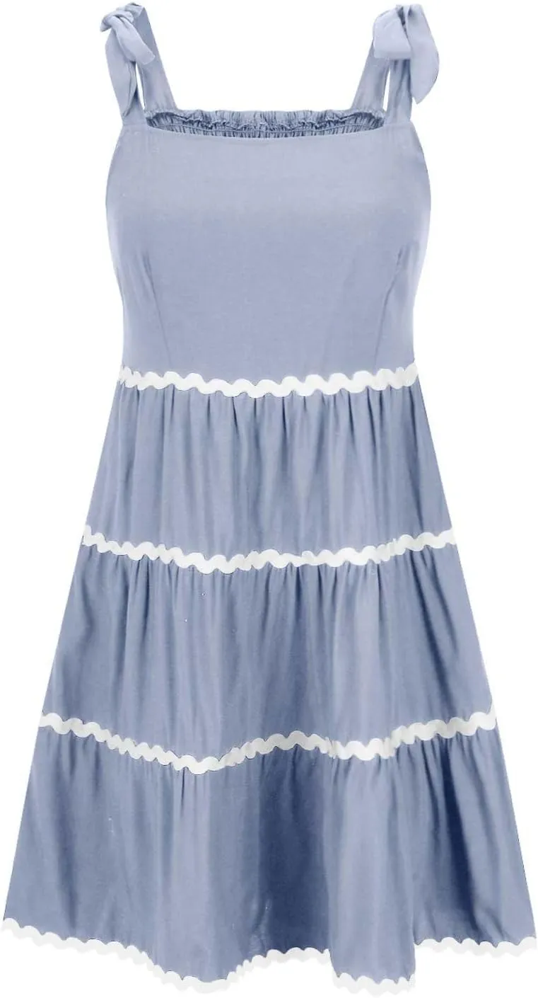 Womens Summer Mini Dress Boho Spaghetti Straps Color Block Swing Dress Casual Square Neck Backless Smocked Sundress