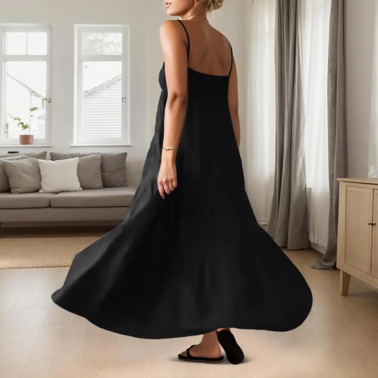 Womens Summer Suspender Dress Boho Sleeveless Pleated Maxi Dress Ruffle Flowy A-Line Elastic Waist Mini Sundress 2025 Trendy