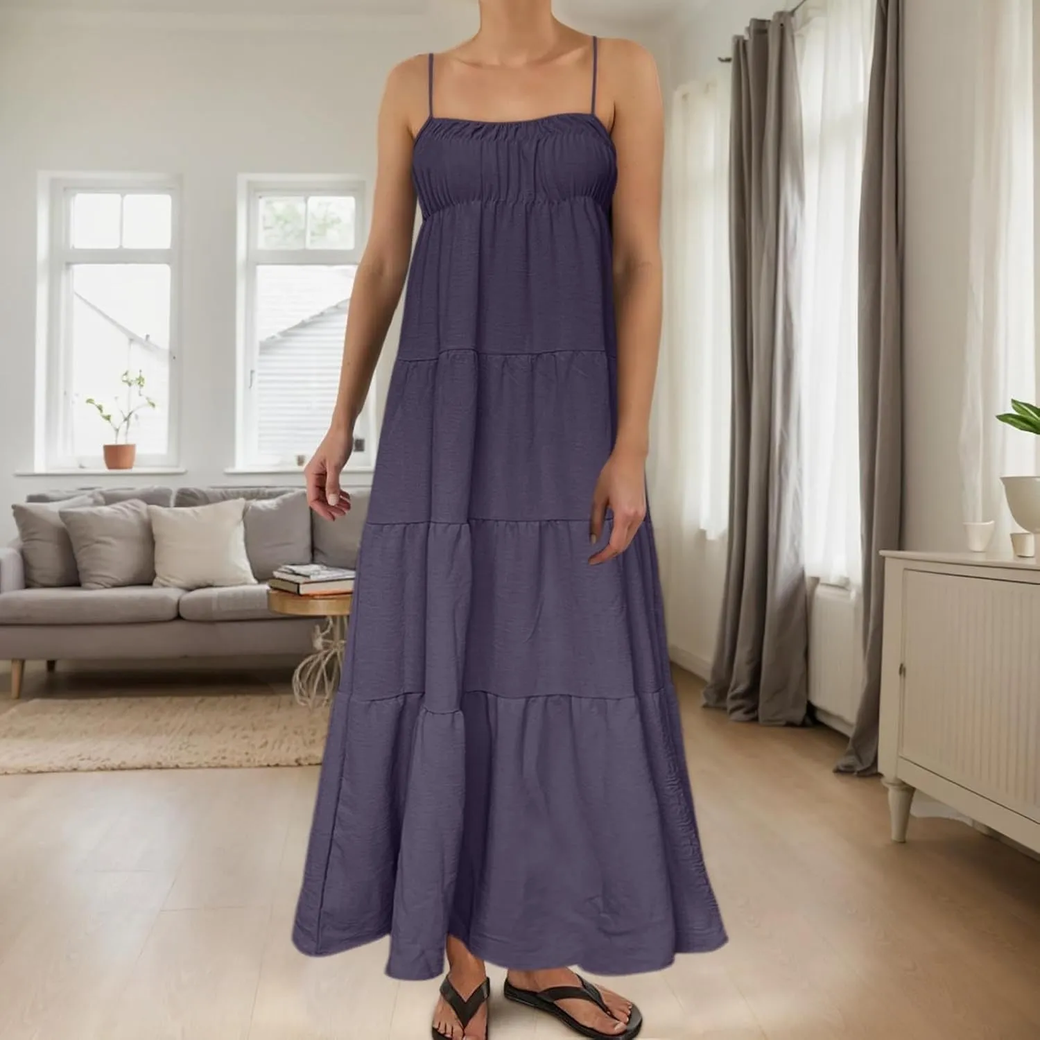 Womens Summer Suspender Dress Boho Sleeveless Pleated Maxi Dress Ruffle Flowy A-Line Elastic Waist Mini Sundress 2025 Trendy