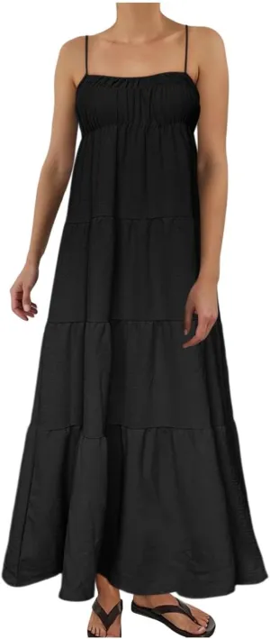 Womens Summer Suspender Dress Boho Sleeveless Pleated Maxi Dress Ruffle Flowy A-Line Elastic Waist Mini Sundress 2025 Trendy