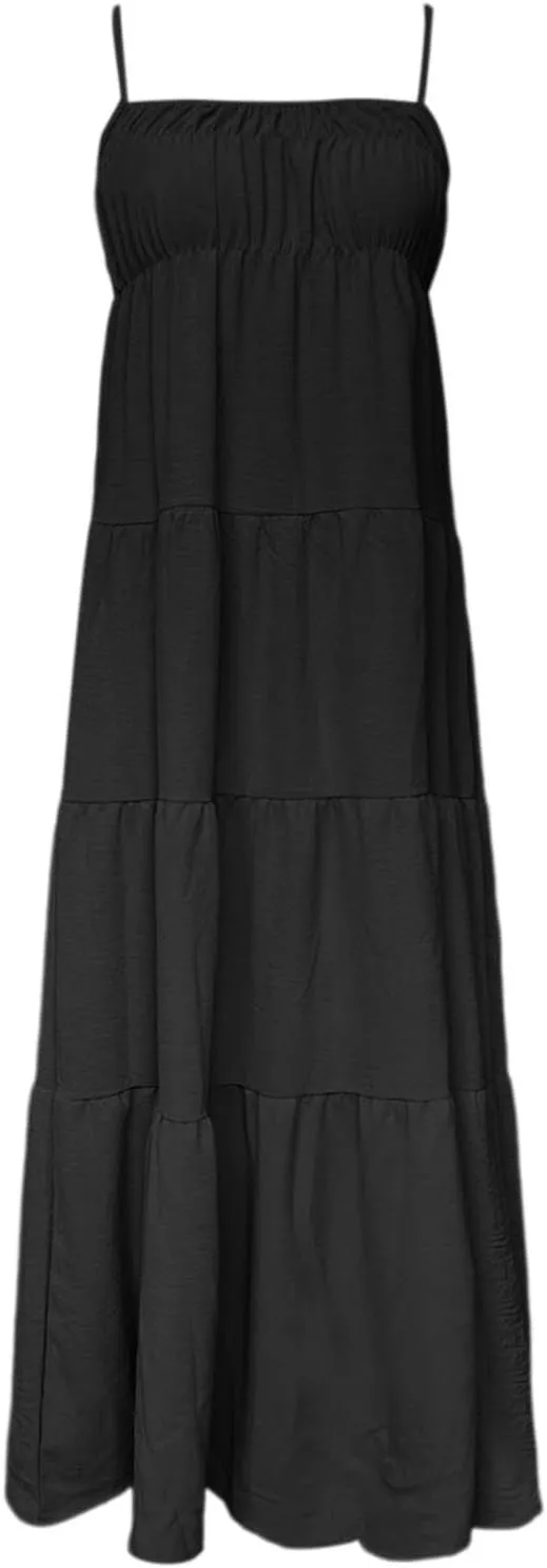 Womens Summer Suspender Dress Boho Sleeveless Pleated Maxi Dress Ruffle Flowy A-Line Elastic Waist Mini Sundress 2025 Trendy