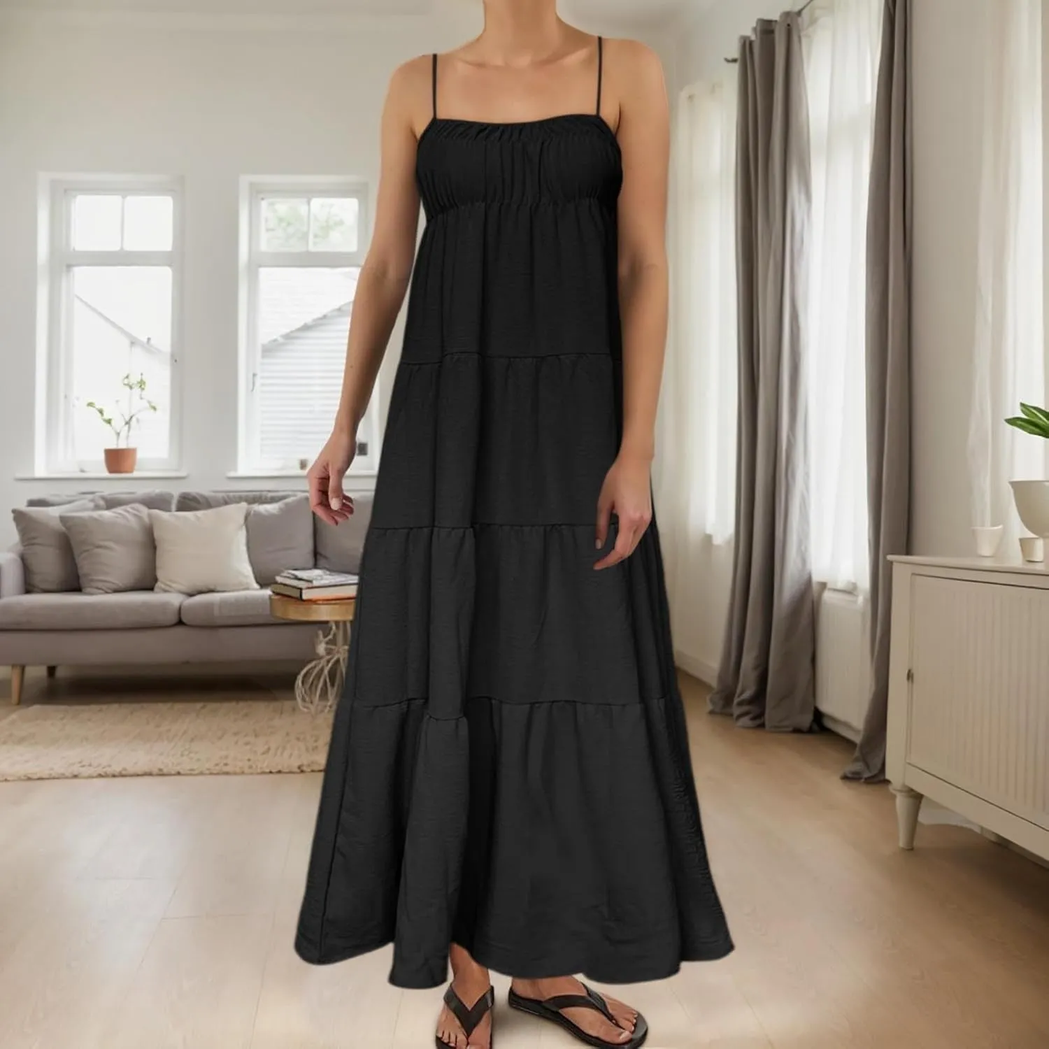 Womens Summer Suspender Dress Boho Sleeveless Pleated Maxi Dress Ruffle Flowy A-Line Elastic Waist Mini Sundress 2025 Trendy