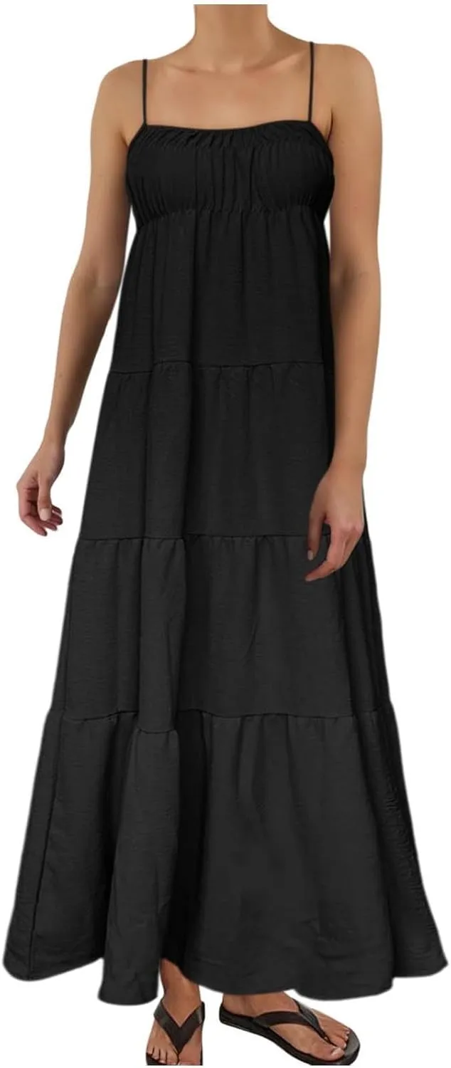 Womens Summer Suspender Dress Boho Sleeveless Pleated Maxi Dress Ruffle Flowy A-Line Elastic Waist Mini Sundress 2025 Trendy