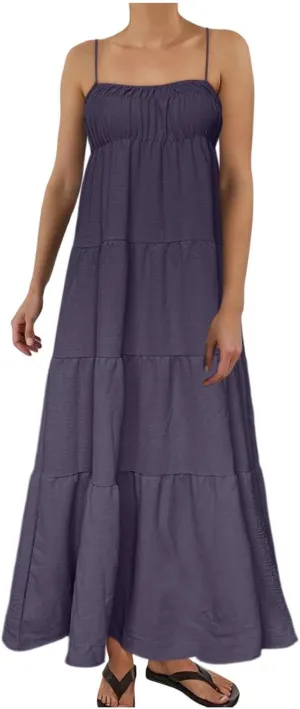 Womens Summer Suspender Dress Boho Sleeveless Pleated Maxi Dress Ruffle Flowy A-Line Elastic Waist Mini Sundress 2025 Trendy