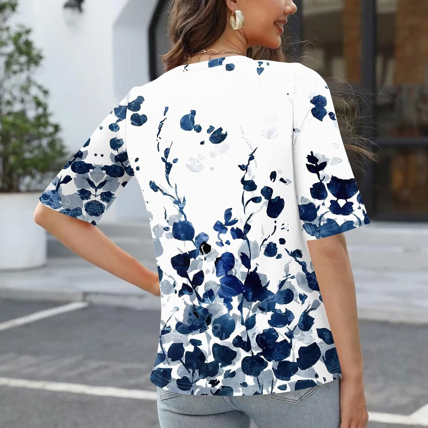 Womens Summer Tops Elbow Sleeve Tops Women Button Down T Shirts Scoop Neck Striped Floral Blouses Dressy Casual
