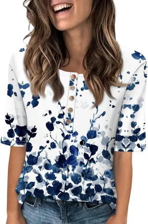 Womens Summer Tops Elbow Sleeve Tops Women Button Down T Shirts Scoop Neck Striped Floral Blouses Dressy Casual