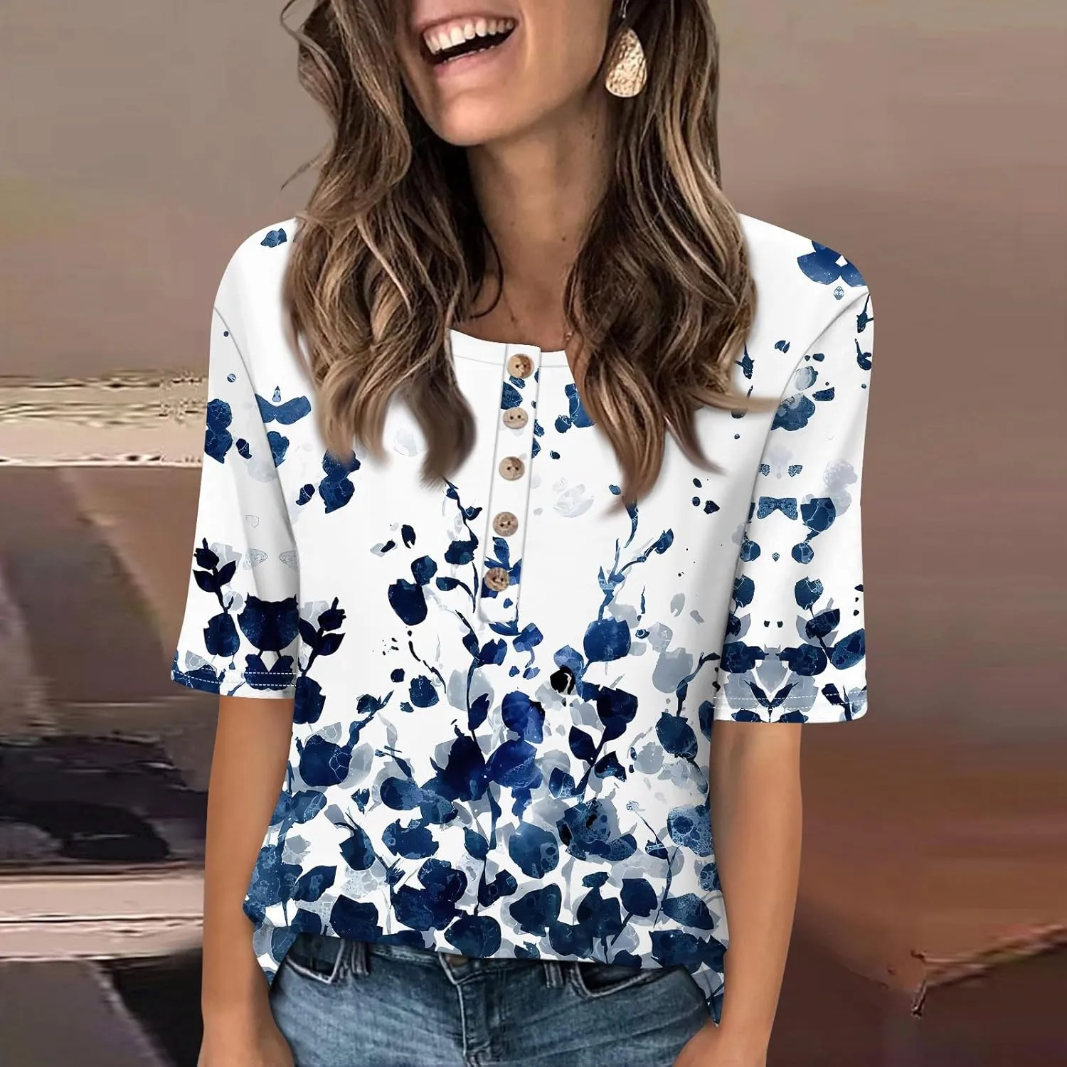 Womens Summer Tops Elbow Sleeve Tops Women Button Down T Shirts Scoop Neck Striped Floral Blouses Dressy Casual