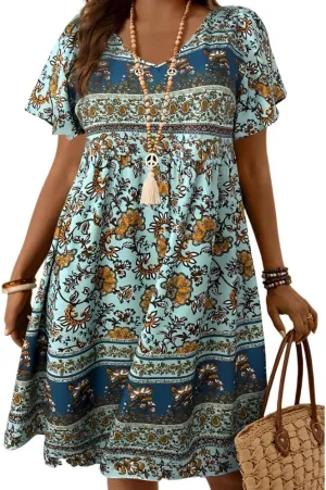 Women's Vintage Boho Floral Print V Neck Short Sleeve Dress Summer Loose A Line Plus Size Midi Dresses for Women 2025