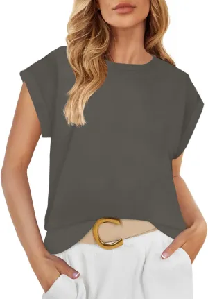 ZESICA Womens Summer Cap Sleeve Crewneck Tops Casual Loose Striped T-Shirts Basic Tees