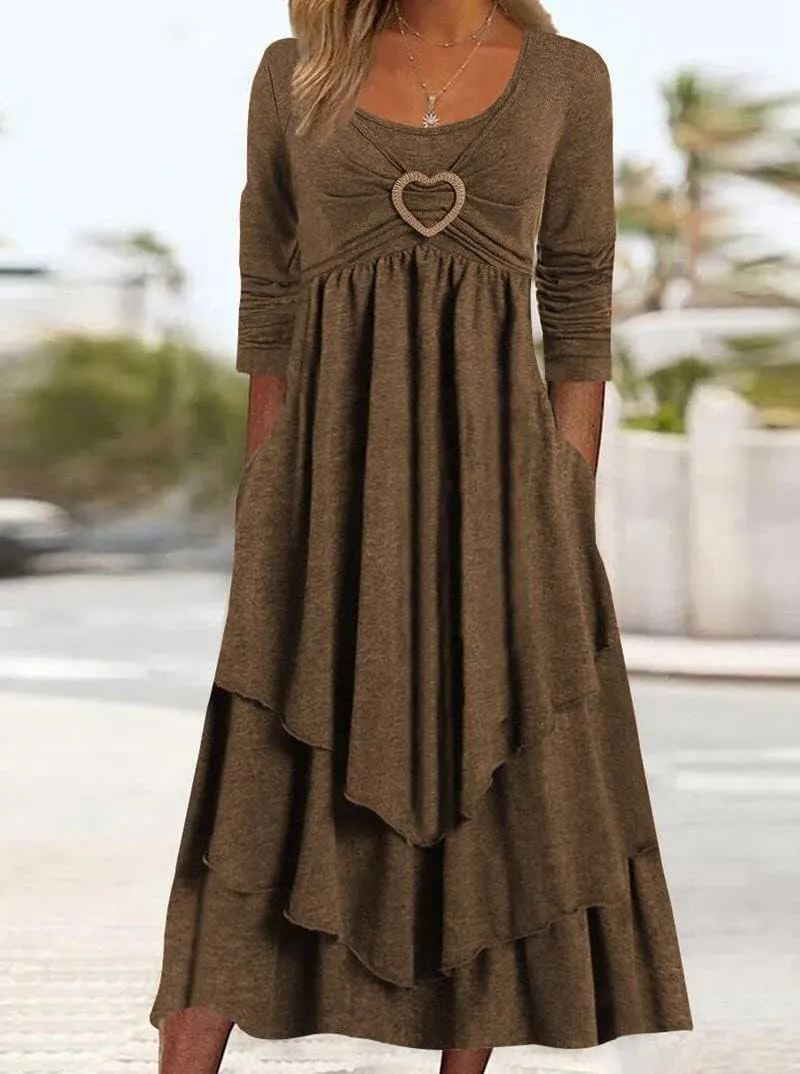 ZOCANIA Womens Fall Long Sleeve Heart Tiered Dresses with Pockets Ruffle Irregular Hem A Line Flowy Pleated Maxi Dress