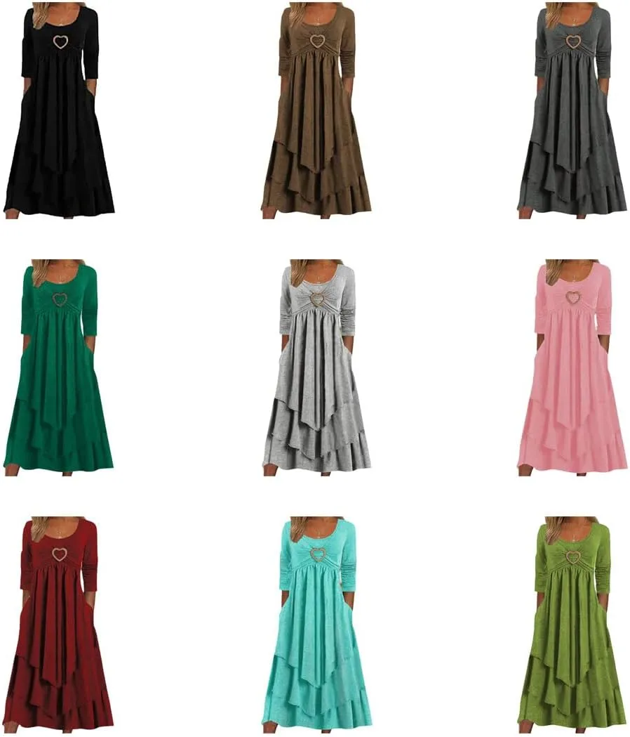 ZOCANIA Womens Fall Long Sleeve Heart Tiered Dresses with Pockets Ruffle Irregular Hem A Line Flowy Pleated Maxi Dress