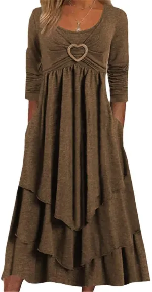 ZOCANIA Womens Fall Long Sleeve Heart Tiered Dresses with Pockets Ruffle Irregular Hem A Line Flowy Pleated Maxi Dress