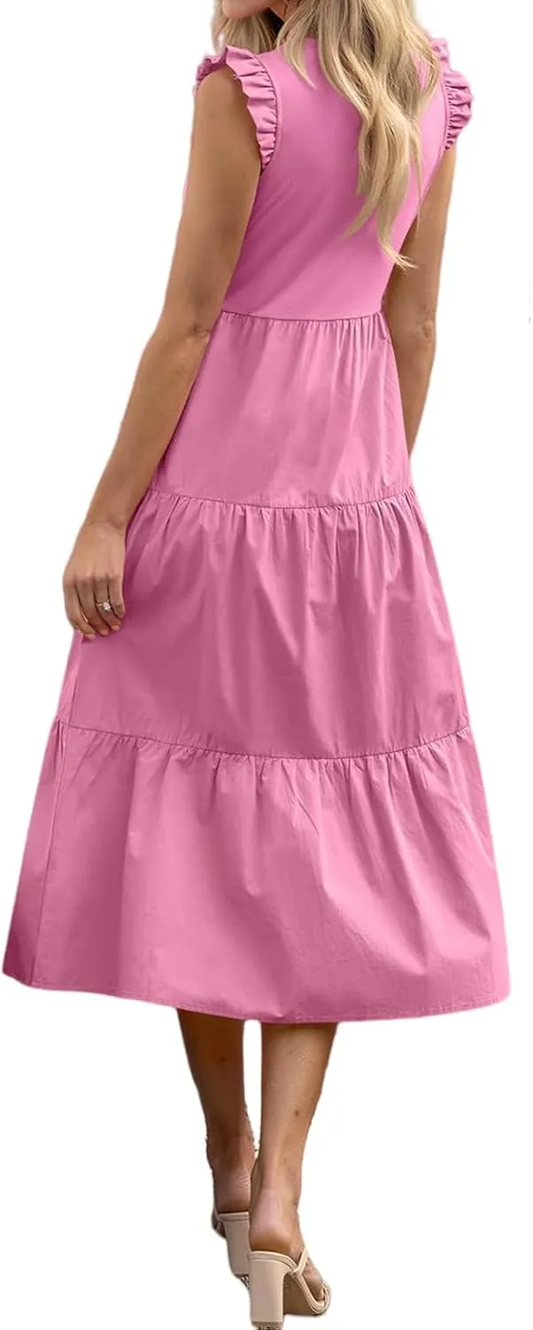 ZWRXW Dresses for Women Ruffle Cap Sleeve Summer Tunic Dress Tiered A Line Midi Dress Flowy Beach Party Dresses with Pockets