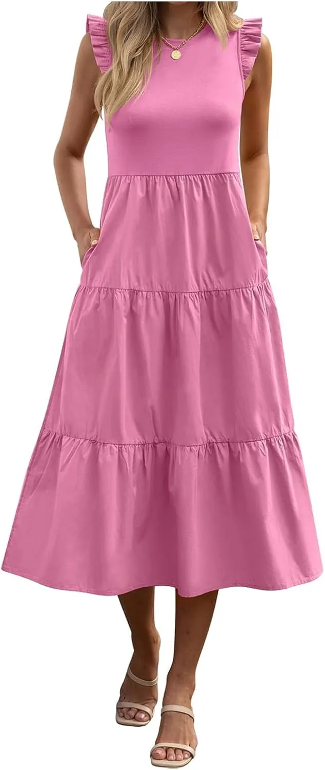 ZWRXW Dresses for Women Ruffle Cap Sleeve Summer Tunic Dress Tiered A Line Midi Dress Flowy Beach Party Dresses with Pockets