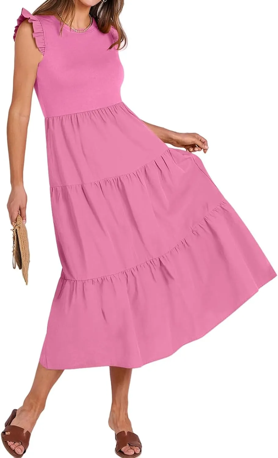 ZWRXW Dresses for Women Ruffle Cap Sleeve Summer Tunic Dress Tiered A Line Midi Dress Flowy Beach Party Dresses with Pockets