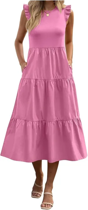 ZWRXW Dresses for Women Ruffle Cap Sleeve Summer Tunic Dress Tiered A Line Midi Dress Flowy Beach Party Dresses with Pockets